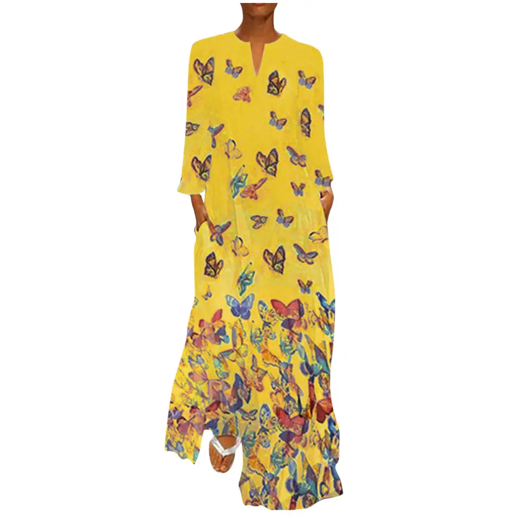 Women Butterfly Print V Neck Long Sleeve Dress Yellow - Image 3