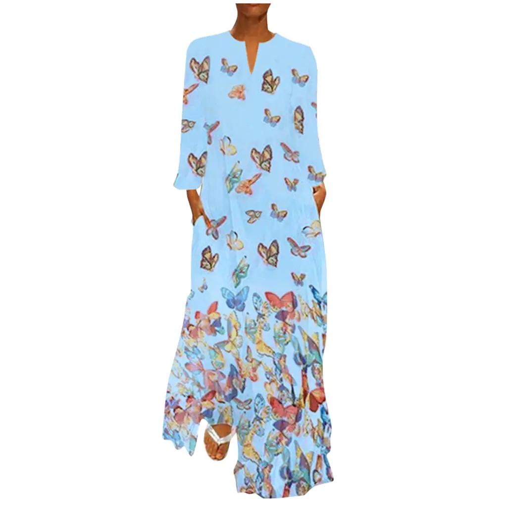Women Butterfly Print V Neck Long Sleeve Dress Yellow - Image 4