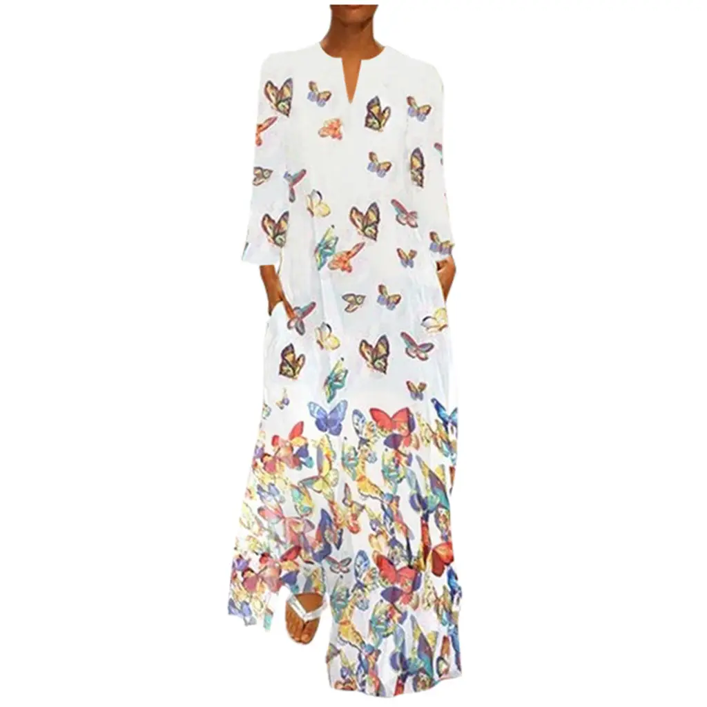 Women Butterfly Print V Neck Long Sleeve Dress Yellow - Image 5
