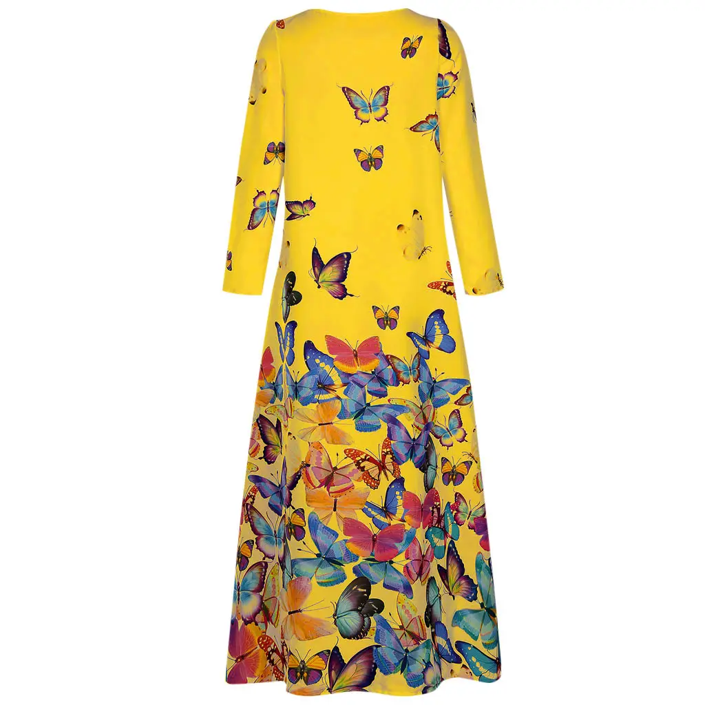 Women Butterfly Print V Neck Long Sleeve Dress Yellow — feature 13