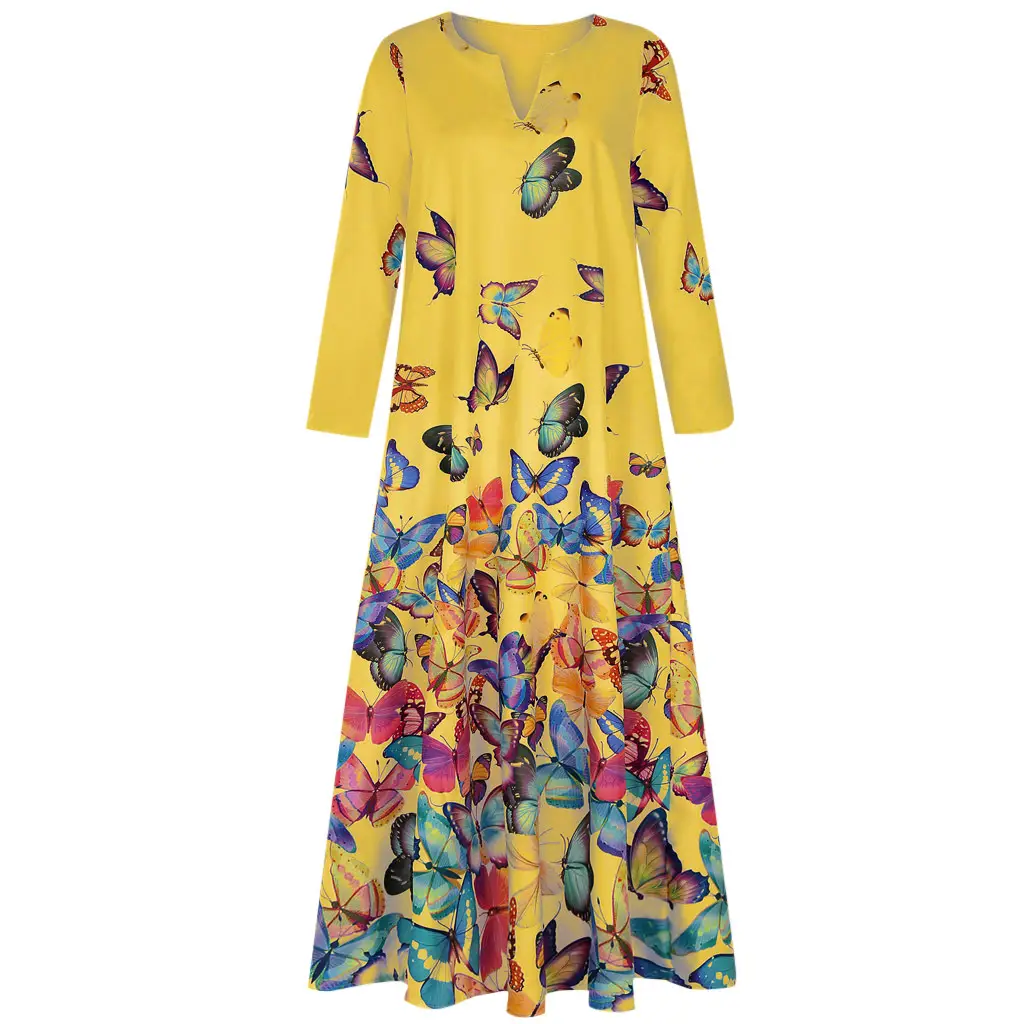 Women Butterfly Print V Neck Long Sleeve Dress Yellow — feature 14