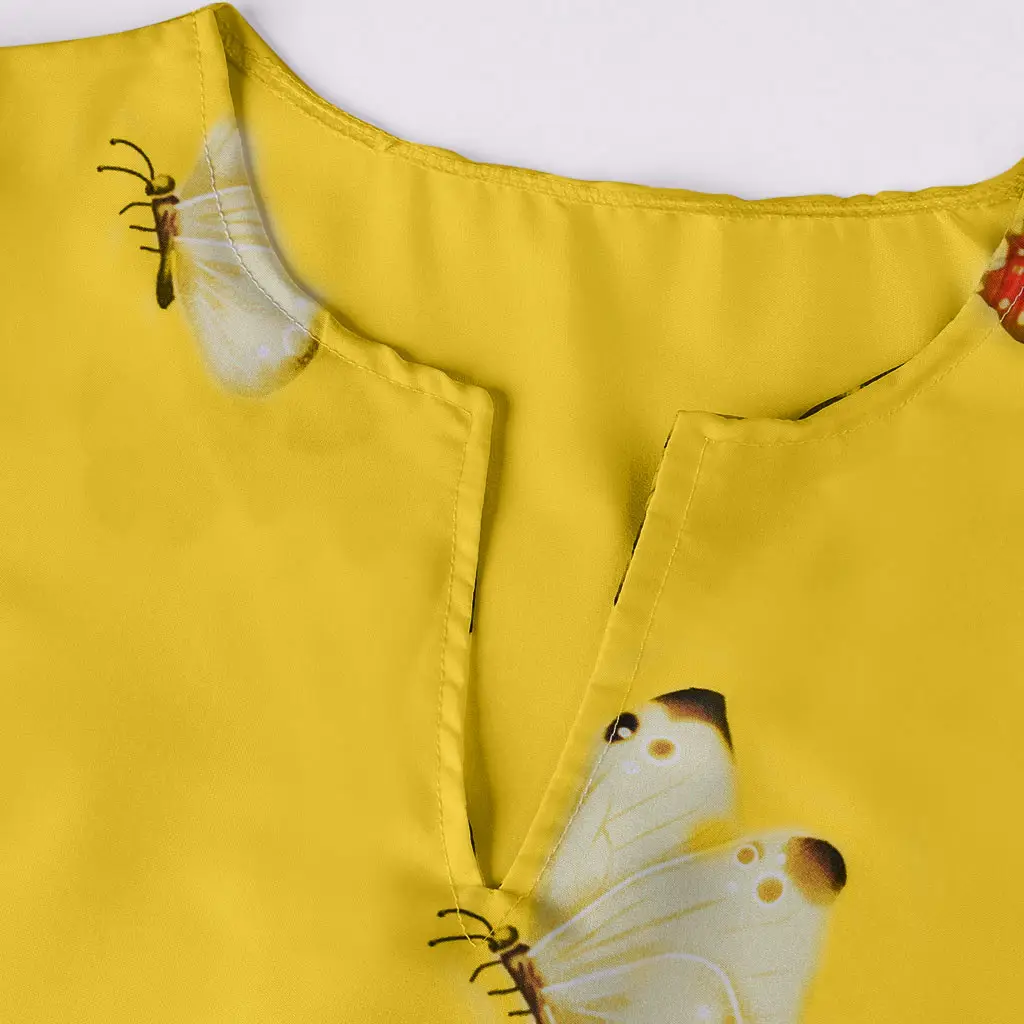 Women Butterfly Print V Neck Long Sleeve Dress Yellow — feature 15