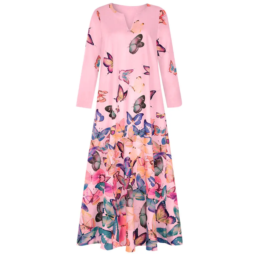 Women Butterfly Print V Neck Long Sleeve Dress Yellow — feature 17