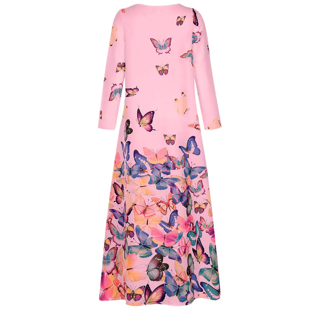 Women Butterfly Print V Neck Long Sleeve Dress Yellow — feature 18