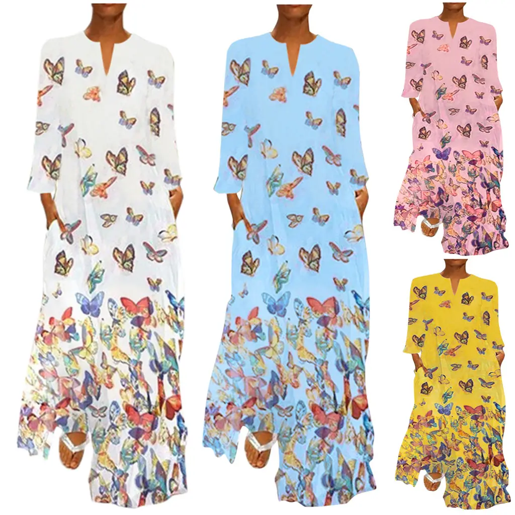 Women Butterfly Print V Neck Long Sleeve Dress Yellow — feature 2