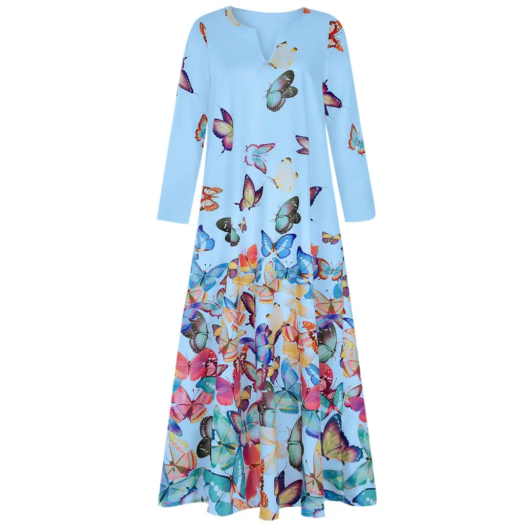 Women Butterfly Print V Neck Long Sleeve Dress Yellow — feature 3