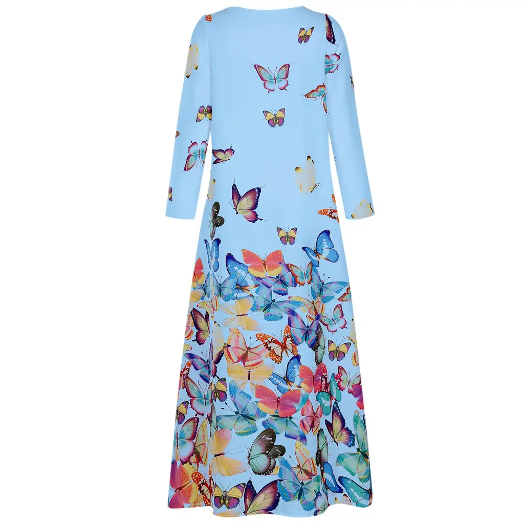 Women Butterfly Print V Neck Long Sleeve Dress Yellow — feature 4