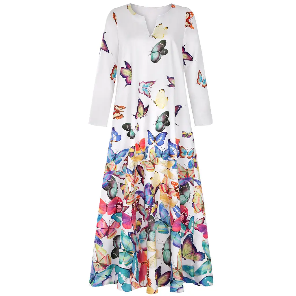 Women Butterfly Print V Neck Long Sleeve Dress Yellow — feature 7