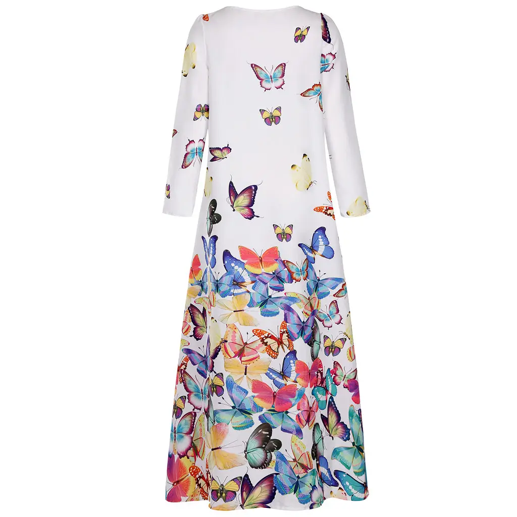 Women Butterfly Print V Neck Long Sleeve Dress Yellow — feature 8
