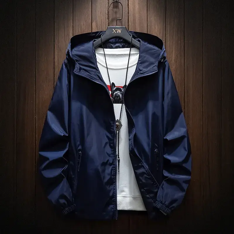 Men's Navy Blue Hooded Sports Jacket Solid Color - Image 8