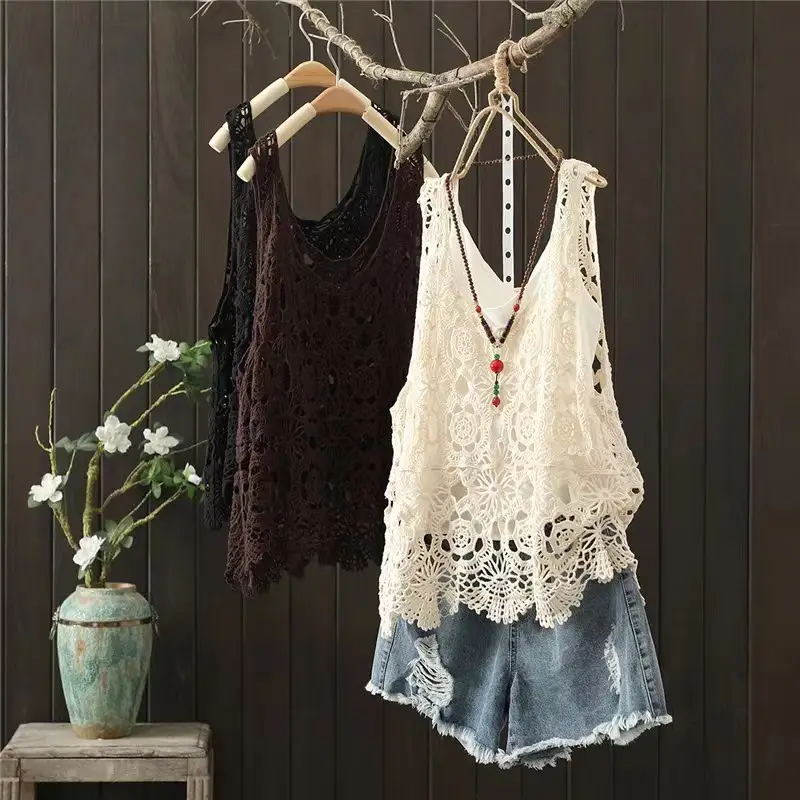 Women's Black Lace Crochet Camisole Vest