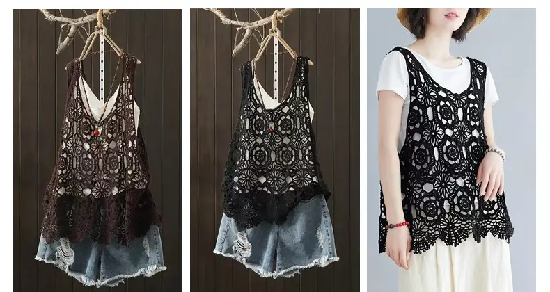 Women's Black Lace Crochet Camisole Vest — feature 6