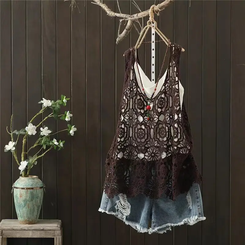 Women's Black Lace Crochet Camisole Vest
