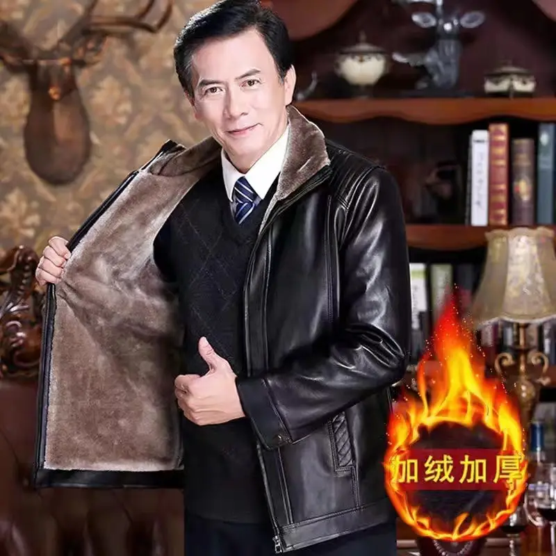 Men's Fur Leather Jacket Brown All-In-One Middle Age+