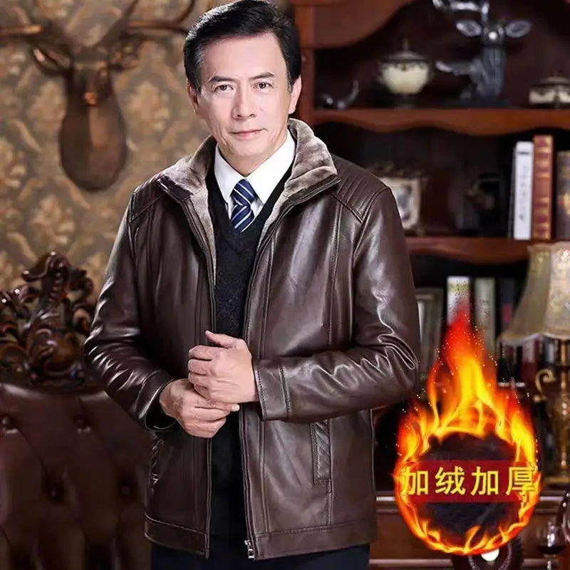 Men's Fur Leather Jacket Brown All-In-One Middle Age+