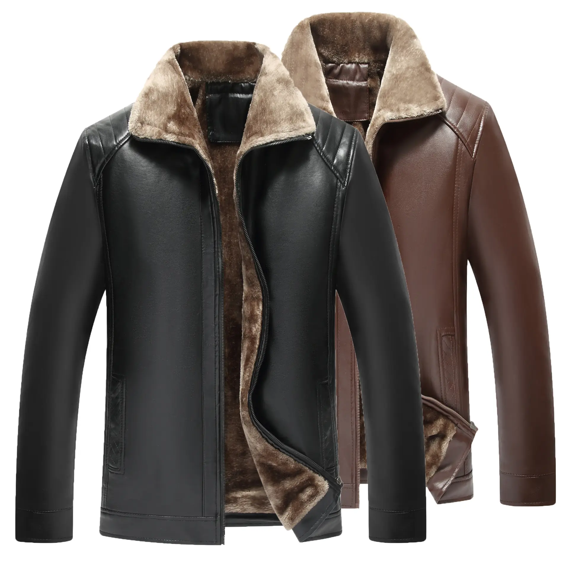 Men's Fur Leather Jacket Brown All-In-One Middle Age+