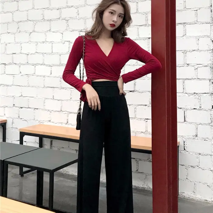 Women Long Sleeve V Neck T-Shirt Black Slim Fit - Image 4