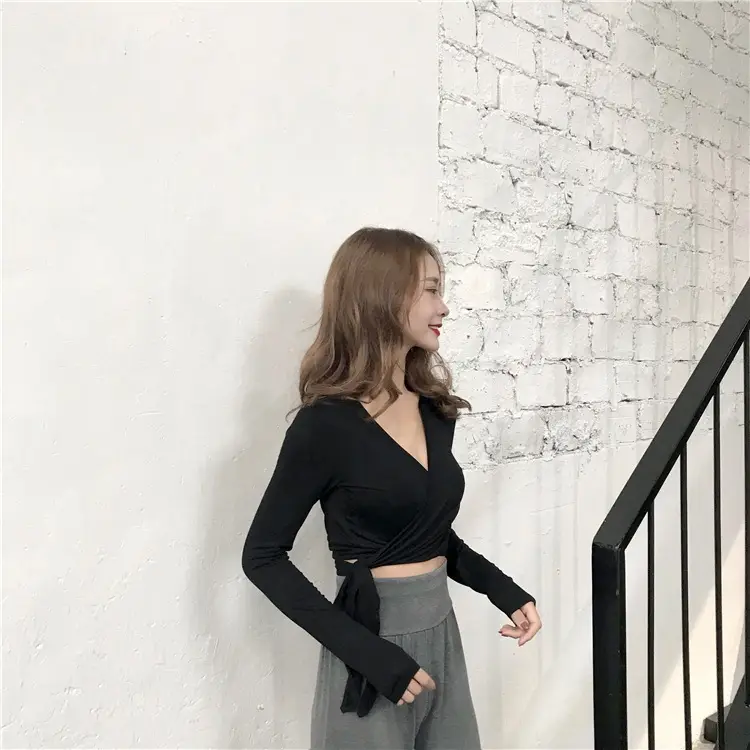 Women Long Sleeve V Neck T-Shirt Black Slim Fit — feature 10