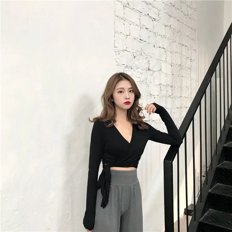 Women Long Sleeve V Neck T-Shirt Black Slim Fit — feature 9