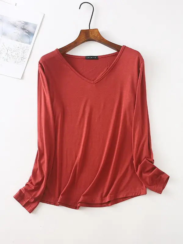 Women's Pink V-Neck Long Sleeve T-Shirt - Image 9