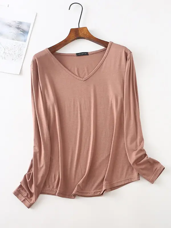 Women's Pink V-Neck Long Sleeve T-Shirt - Image 11