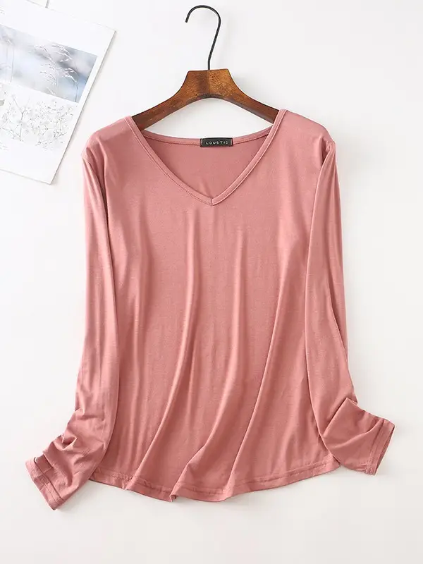 Women's Pink V-Neck Long Sleeve T-Shirt - Image 12