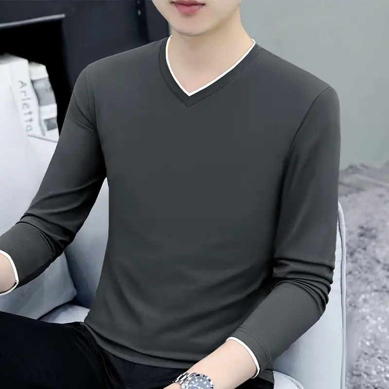 Men Grey V-Neck Long Sleeve T-Shirt - Image 16