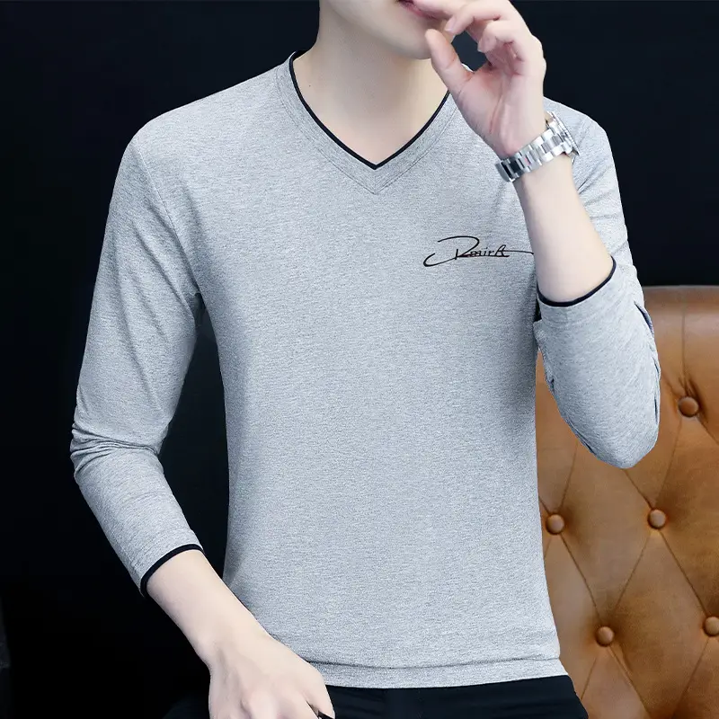 Men Grey V-Neck Long Sleeve T-Shirt - Image 10