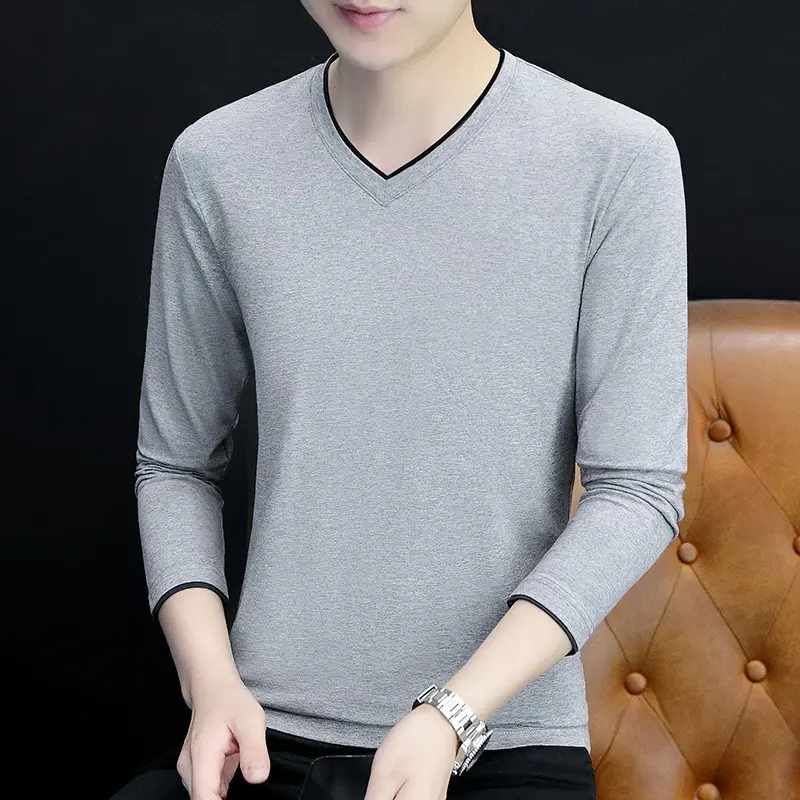 Men Grey V-Neck Long Sleeve T-Shirt - Image 5
