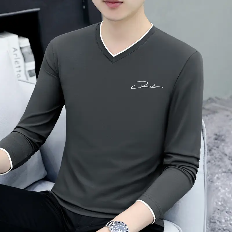 Men Grey V-Neck Long Sleeve T-Shirt - Image 6