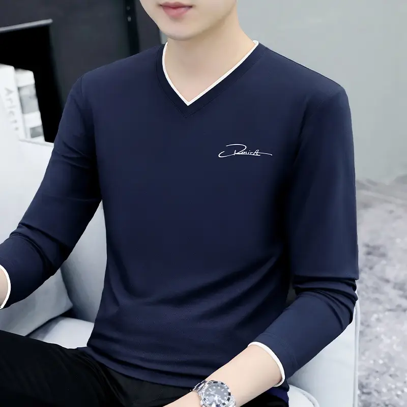 Men Grey V-Neck Long Sleeve T-Shirt - Image 9