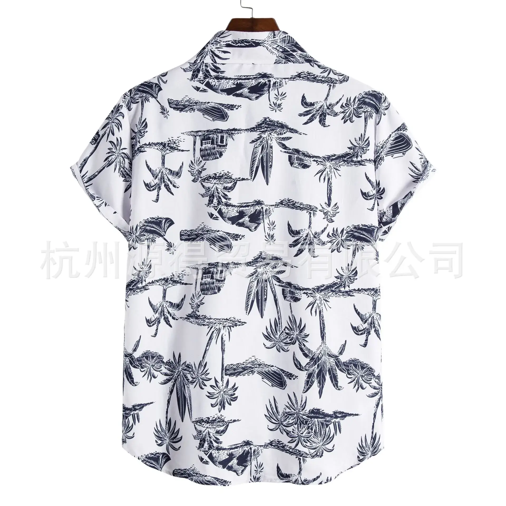 Men's Printed Short Sleeve Shirt White Black Tropical Design - Image 2