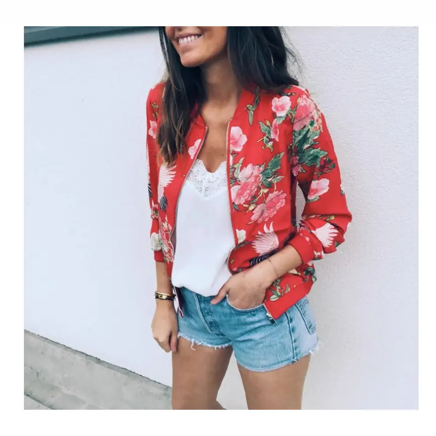 Women Printed Floral Crew Neck Zipper Coat Winter Coat - Image 14