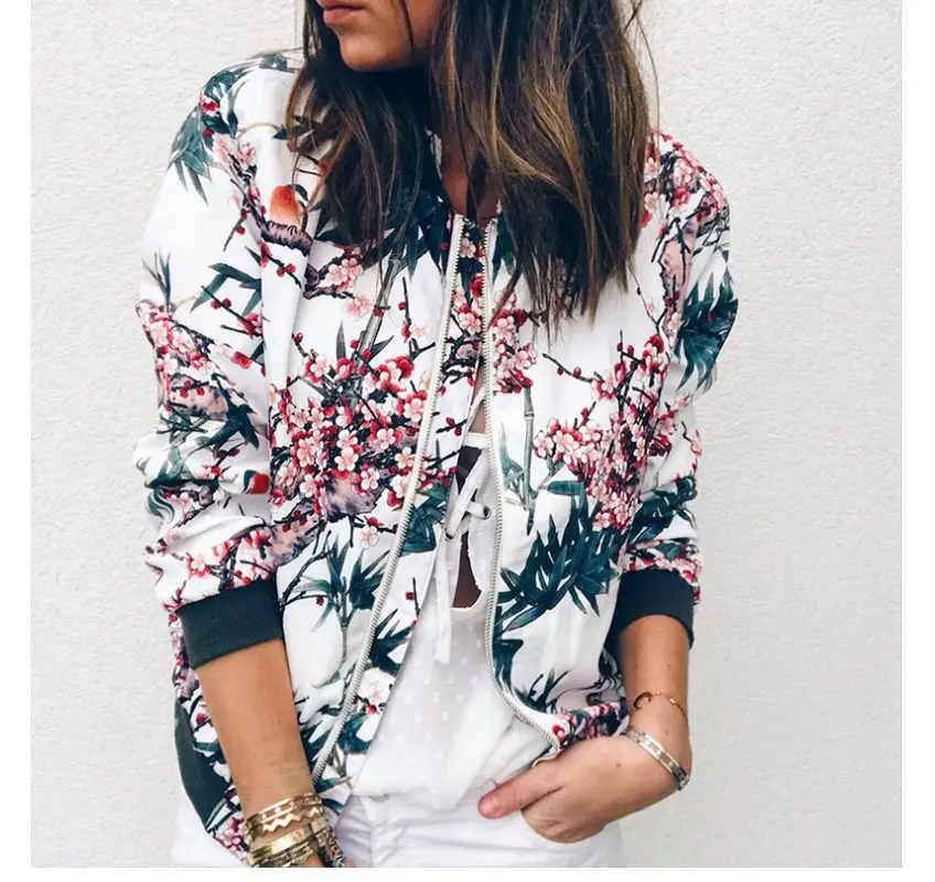 Women Printed Floral Crew Neck Zipper Coat Winter Coat - Image 5