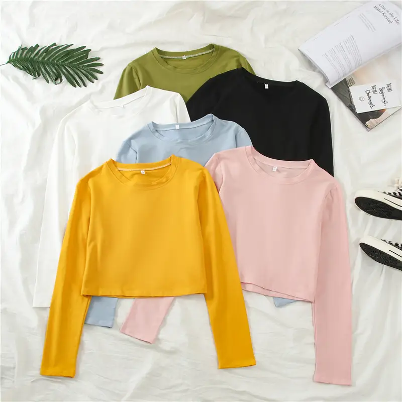 Women Long Sleeve Cropped T-Shirt Pink - Image 3