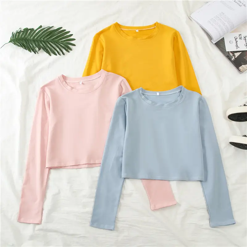 Women Long Sleeve Cropped T-Shirt Pink - Image 5
