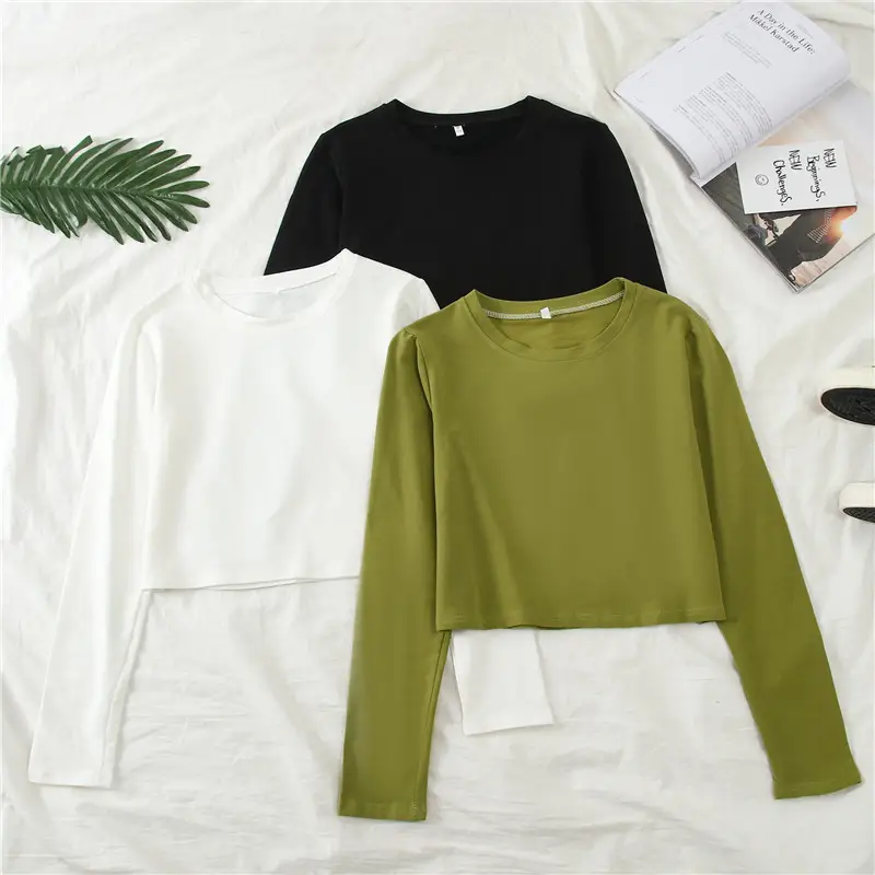 Women Long Sleeve Cropped T-Shirt Pink — feature 33
