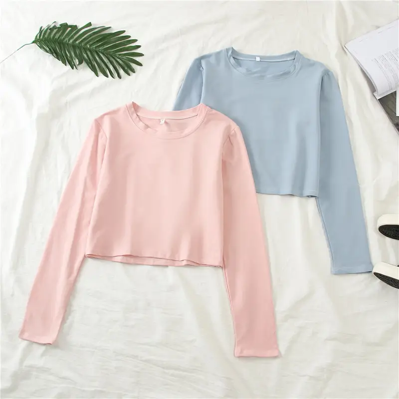 Women Long Sleeve Cropped T-Shirt Pink — feature 36