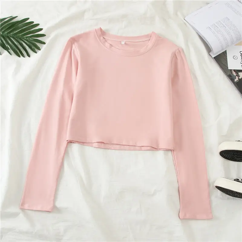 Women Long Sleeve Cropped T-Shirt Pink — feature 38