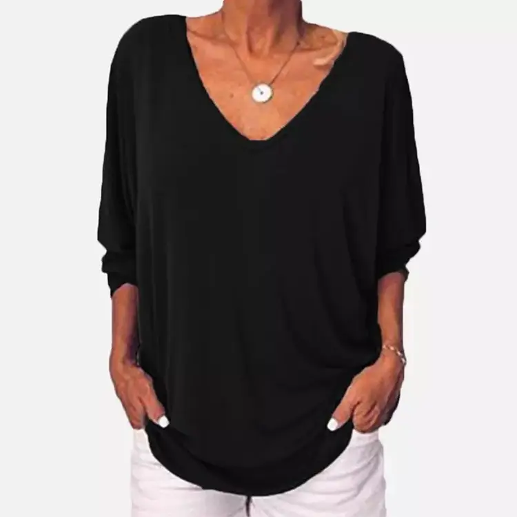 Black V-Neck Loose T-Shirt with Long Sleeves - Image 10