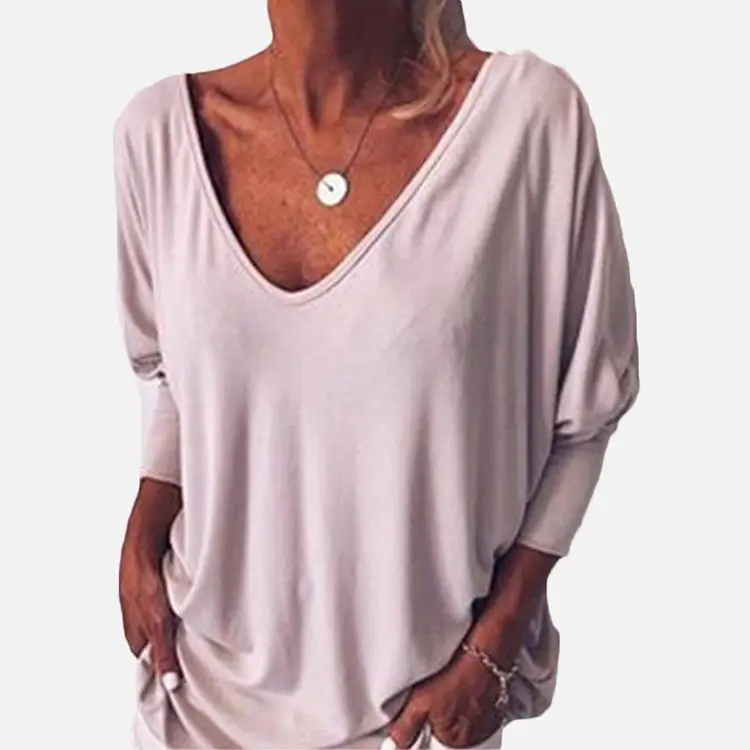 Black V-Neck Loose T-Shirt with Long Sleeves - Image 3