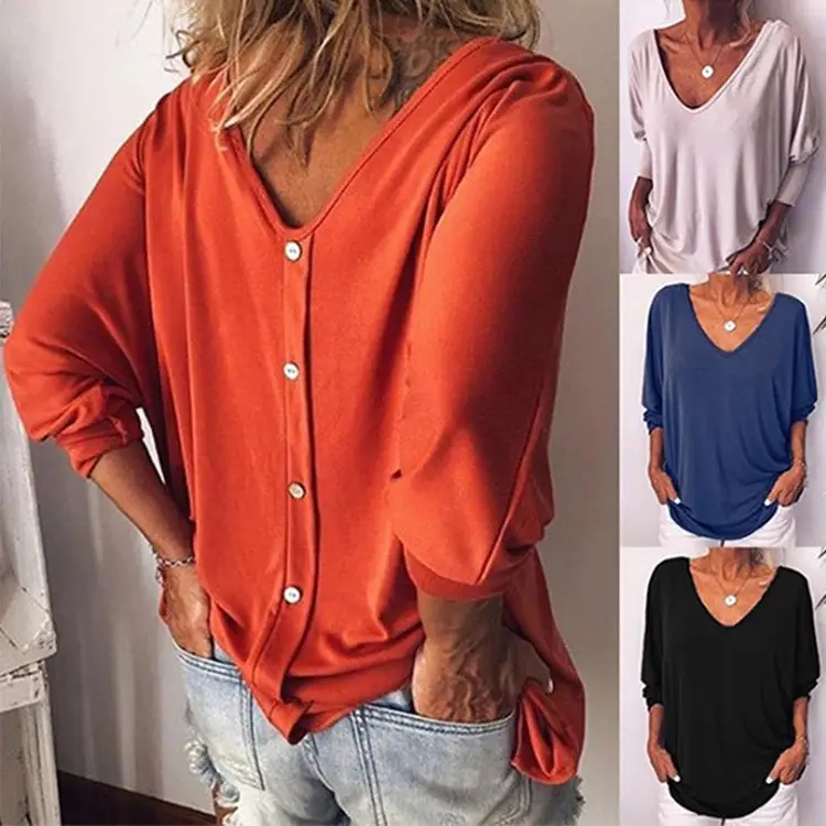 Black V-Neck Loose T-Shirt with Long Sleeves — feature 2