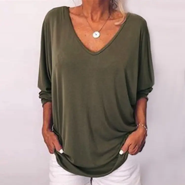 Black V-Neck Loose T-Shirt with Long Sleeves — feature 4