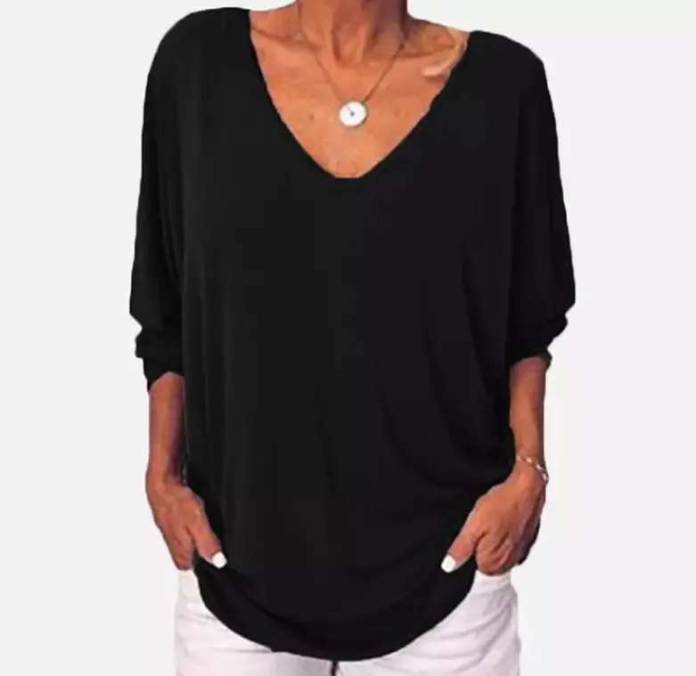 Black V-Neck Loose T-Shirt with Long Sleeves - Image 8