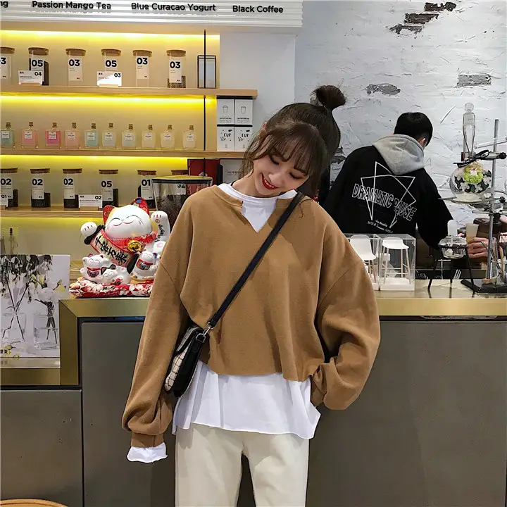 2025 Korean Style Loose Faux Two-Piece Top Sweatshirt Set Women — feature 14