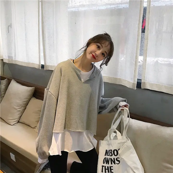 2025 Korean Style Loose Faux Two-Piece Top Sweatshirt Set Women — feature 3