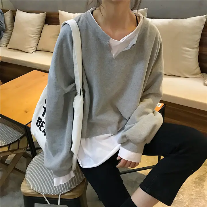2025 Korean Style Loose Faux Two-Piece Top Sweatshirt Set Women — feature 5
