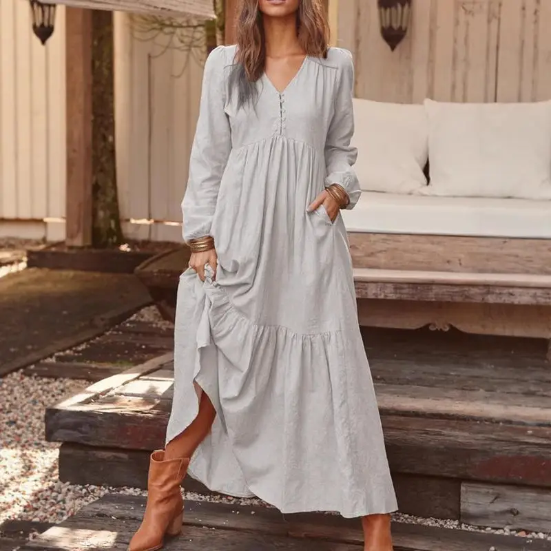 Blue Long Sleeve V-Neck Dress with Flared Skirt - Image 10