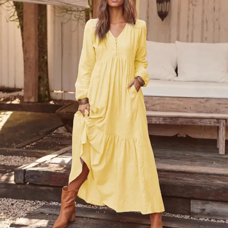 Blue Long Sleeve V-Neck Dress with Flared Skirt - Image 11