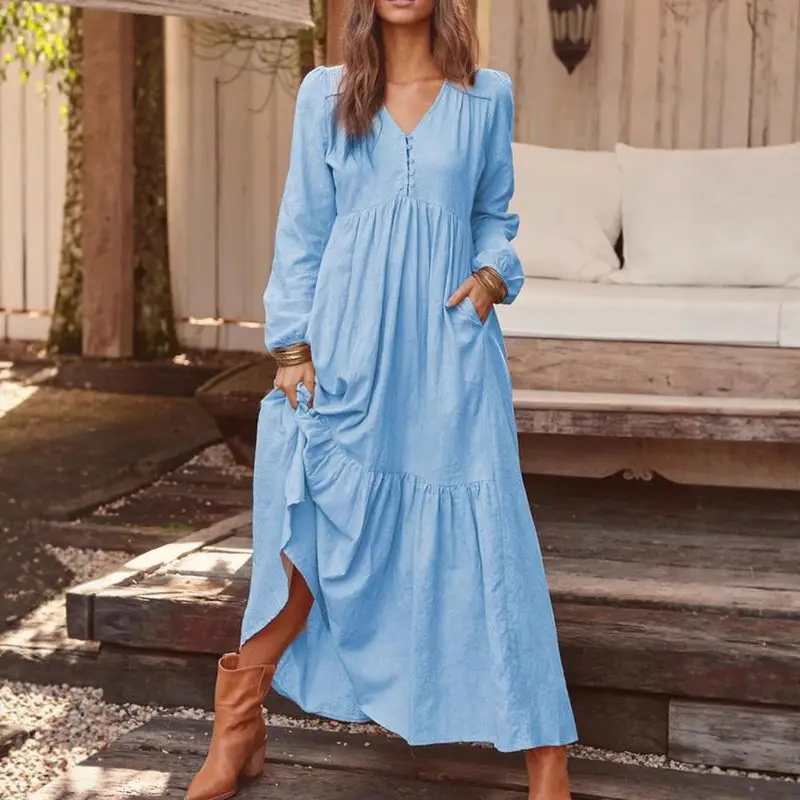 Blue Long Sleeve V-Neck Dress with Flared Skirt - Image 12